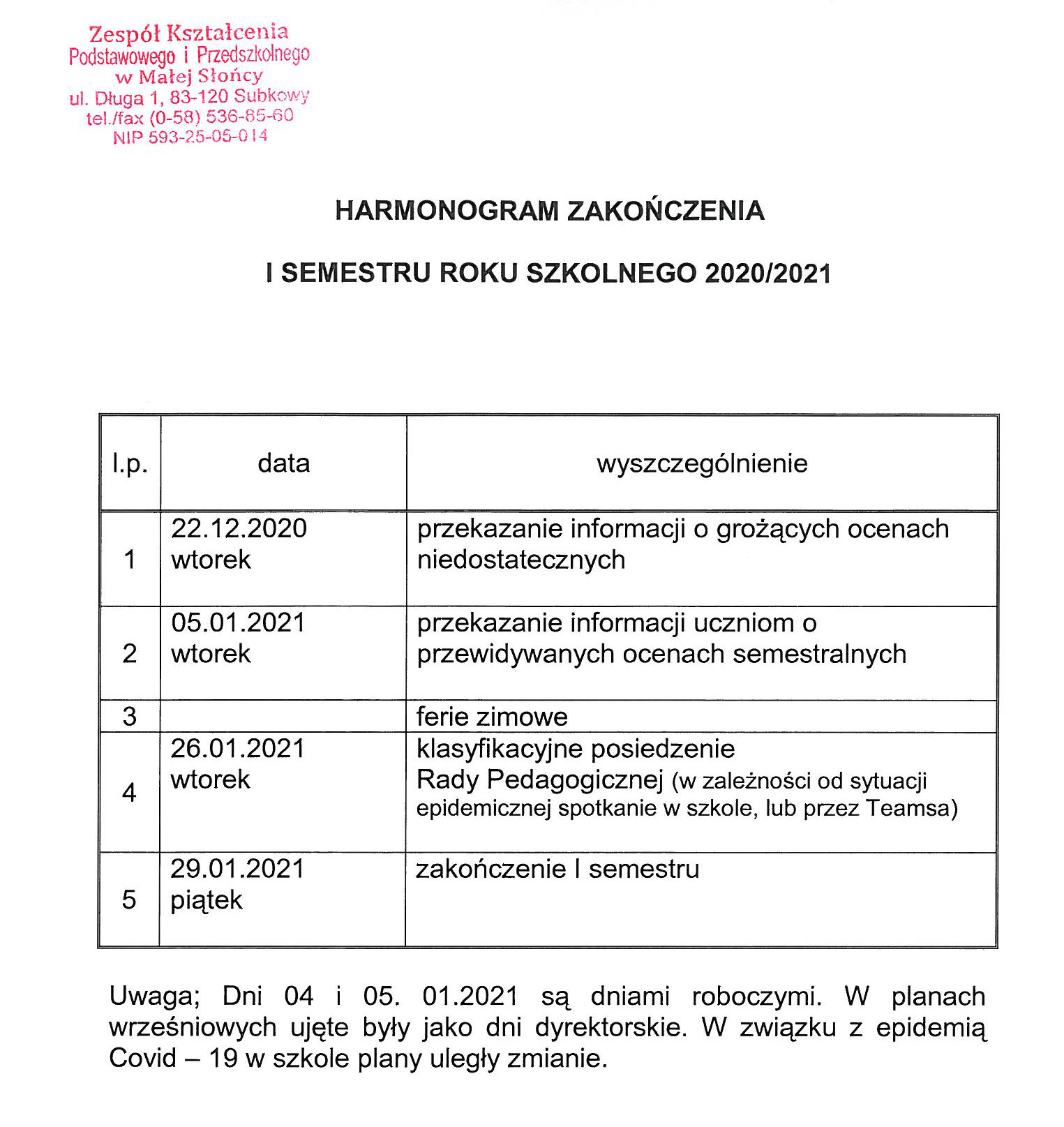Harmonogram zakonczenia I semestru