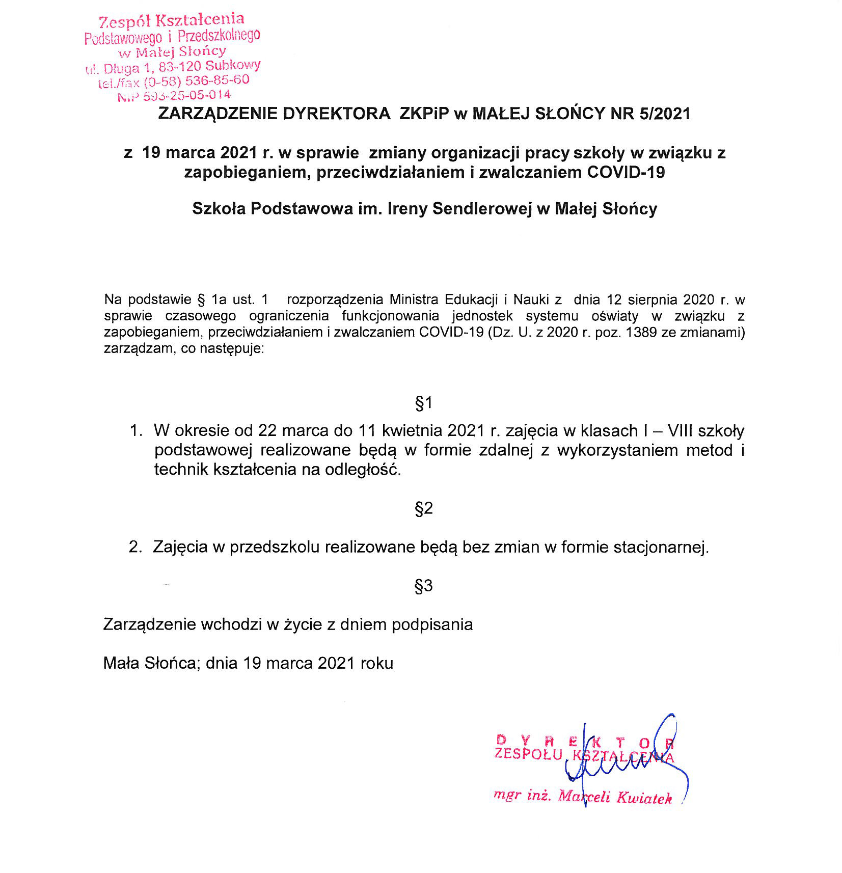 ZARZĄDZENIE DYREKTORA ZKPiP w MAŁEJ SŁOŃCY NR 5/2021