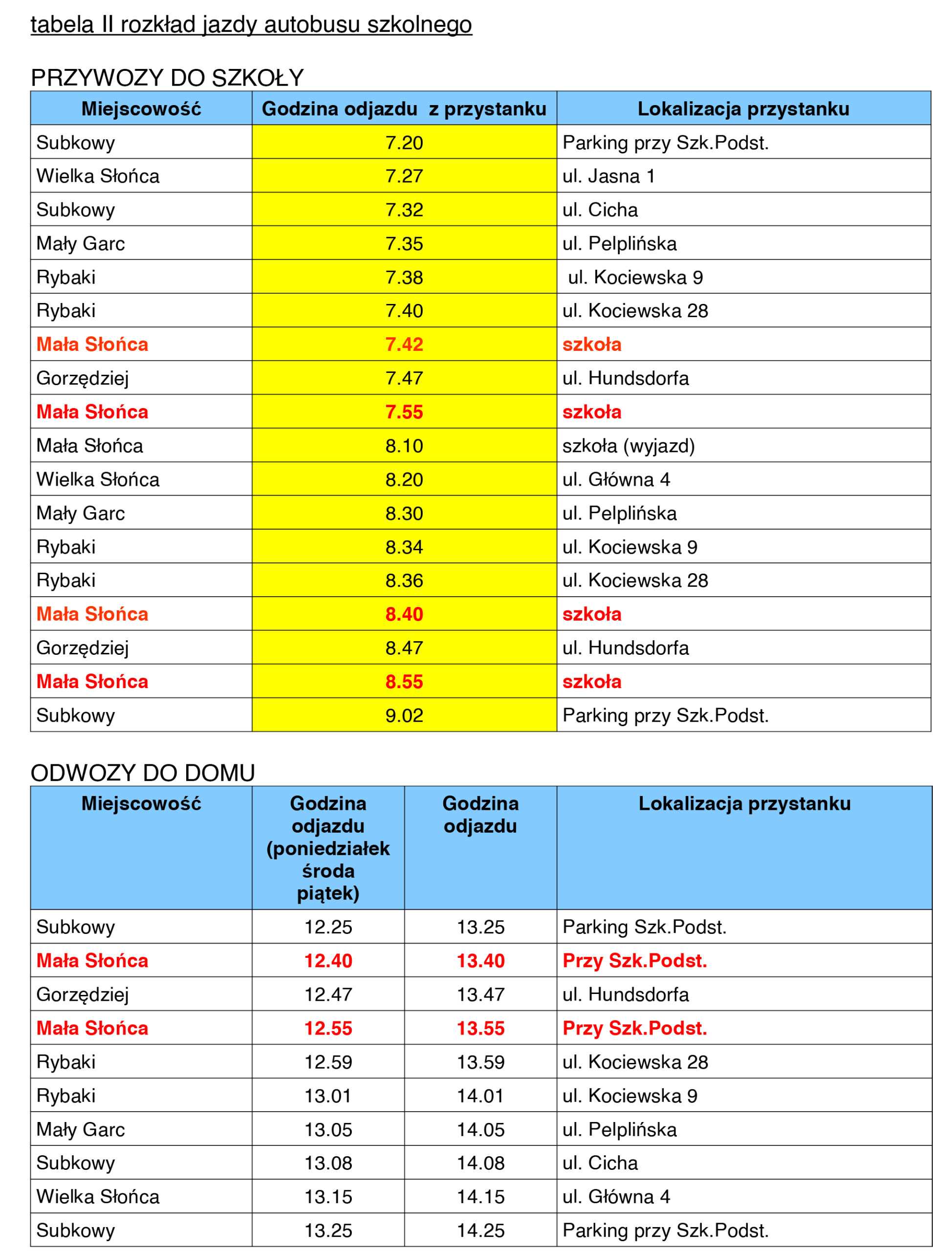tabela II rozkład jazdy autobusu szkolnego