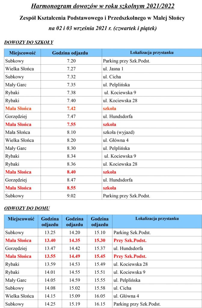 Harmonogram przewozów 02 i 03 września 2021