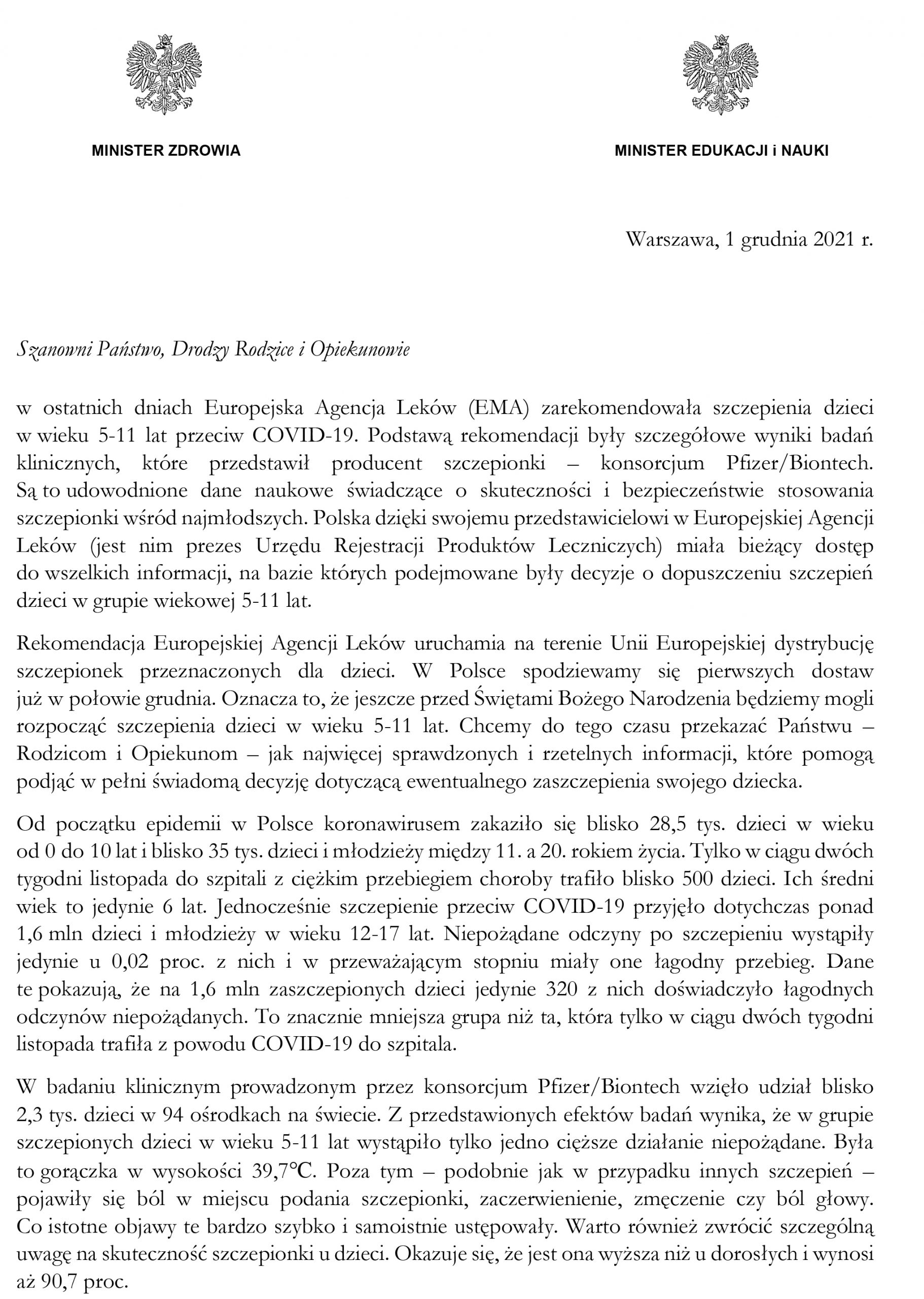 informacji MEiN o szczepieniach dzieci 