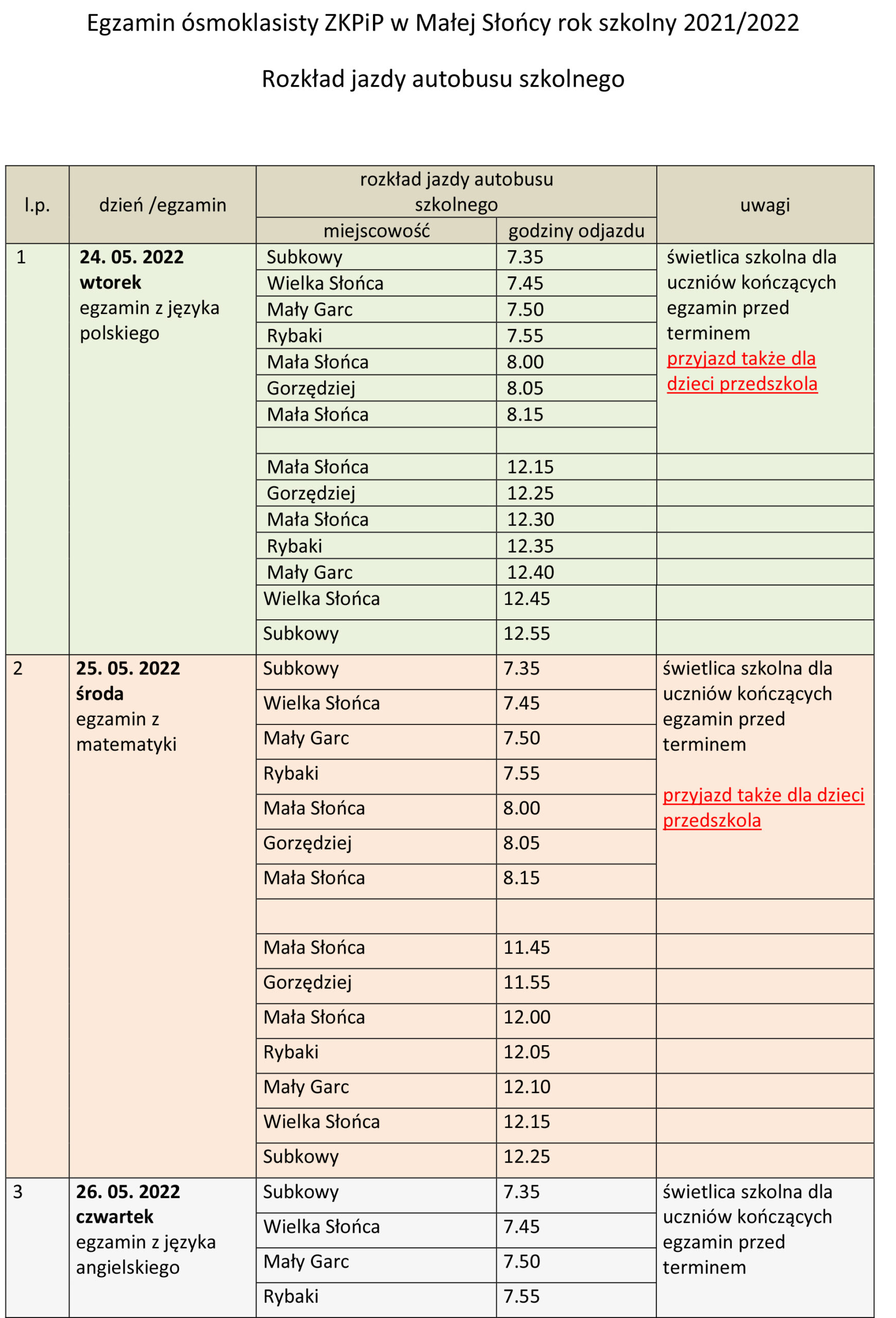Egzamin ósmoklasisty ZKPiP w Małej Słońcy rok szkolny 2021/2022 Rozkład jazdy autobusu szkolnego