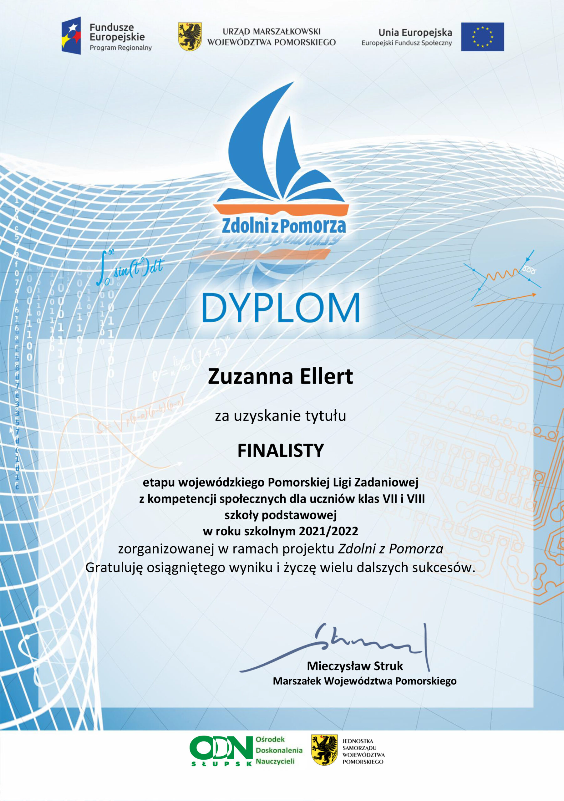 Zuzanna Ellert z kl. VIII – miejsce II z kompetencji społecznych