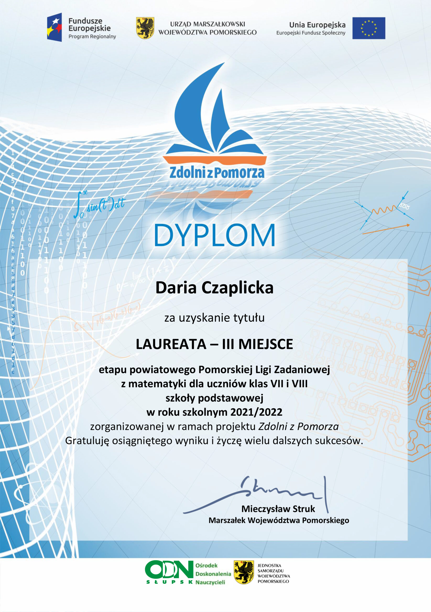 Daria Czaplicka z kl. VII – miejsce III z matematyki.