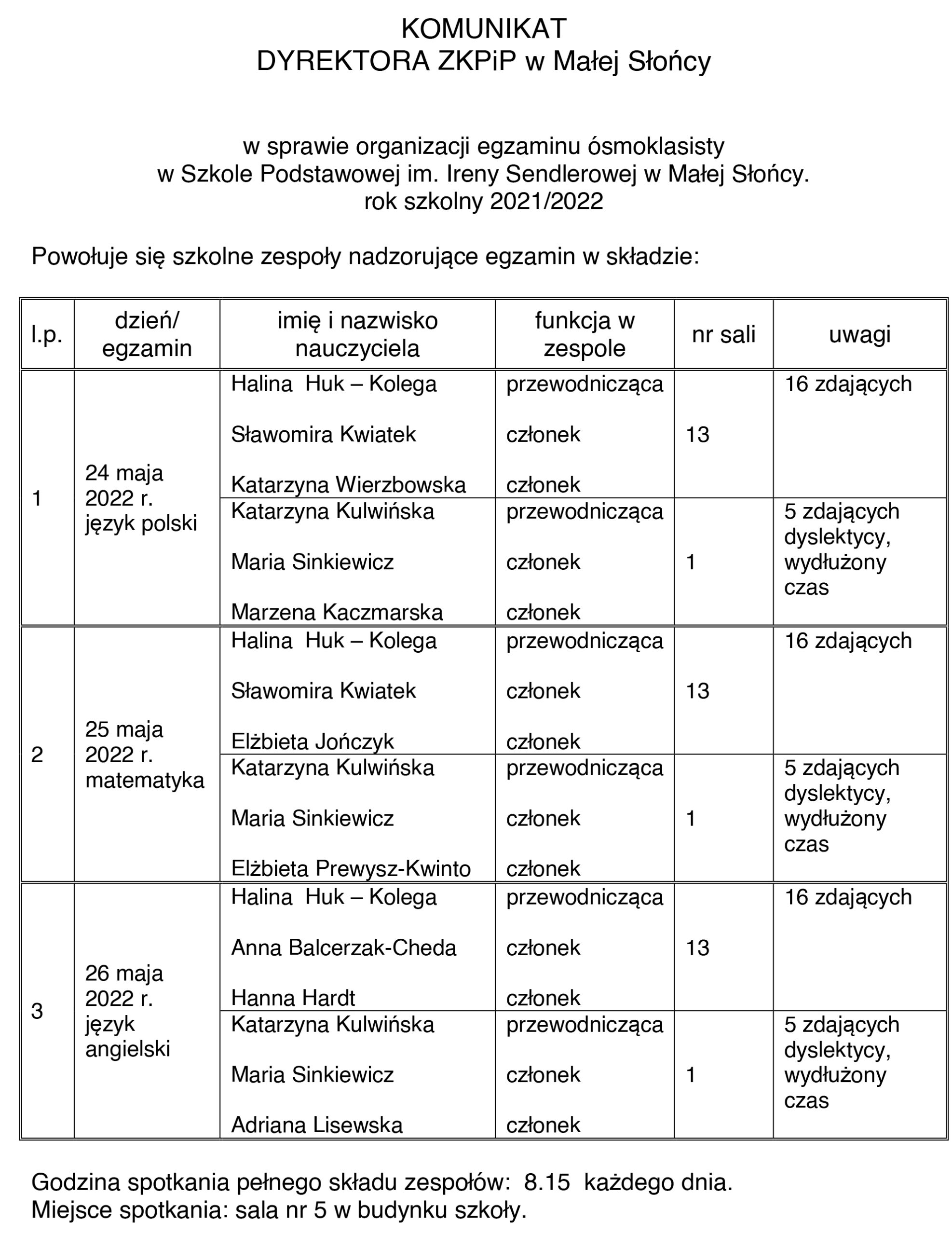 KOMUNIKAT DYREKTORA ZKPiP w Małej Słońcy w sprawie organizacji egzaminu ósmoklasisty w Szkole Podstawowej im. Ireny Sendlerowej w Małej Słońcy. rok szkolny 2021/2022