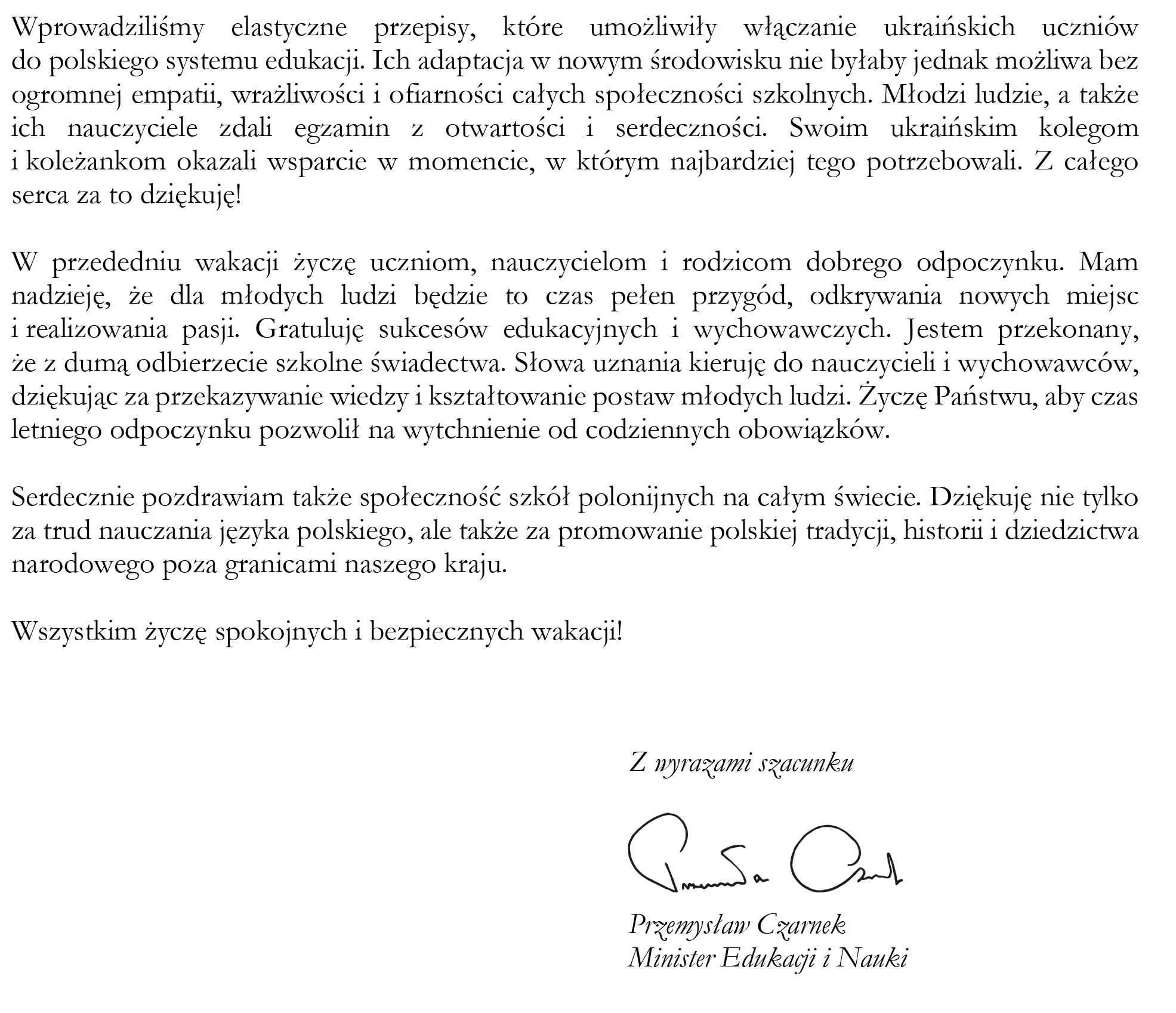 List na zakończenie roku szkolnego 2021/2022