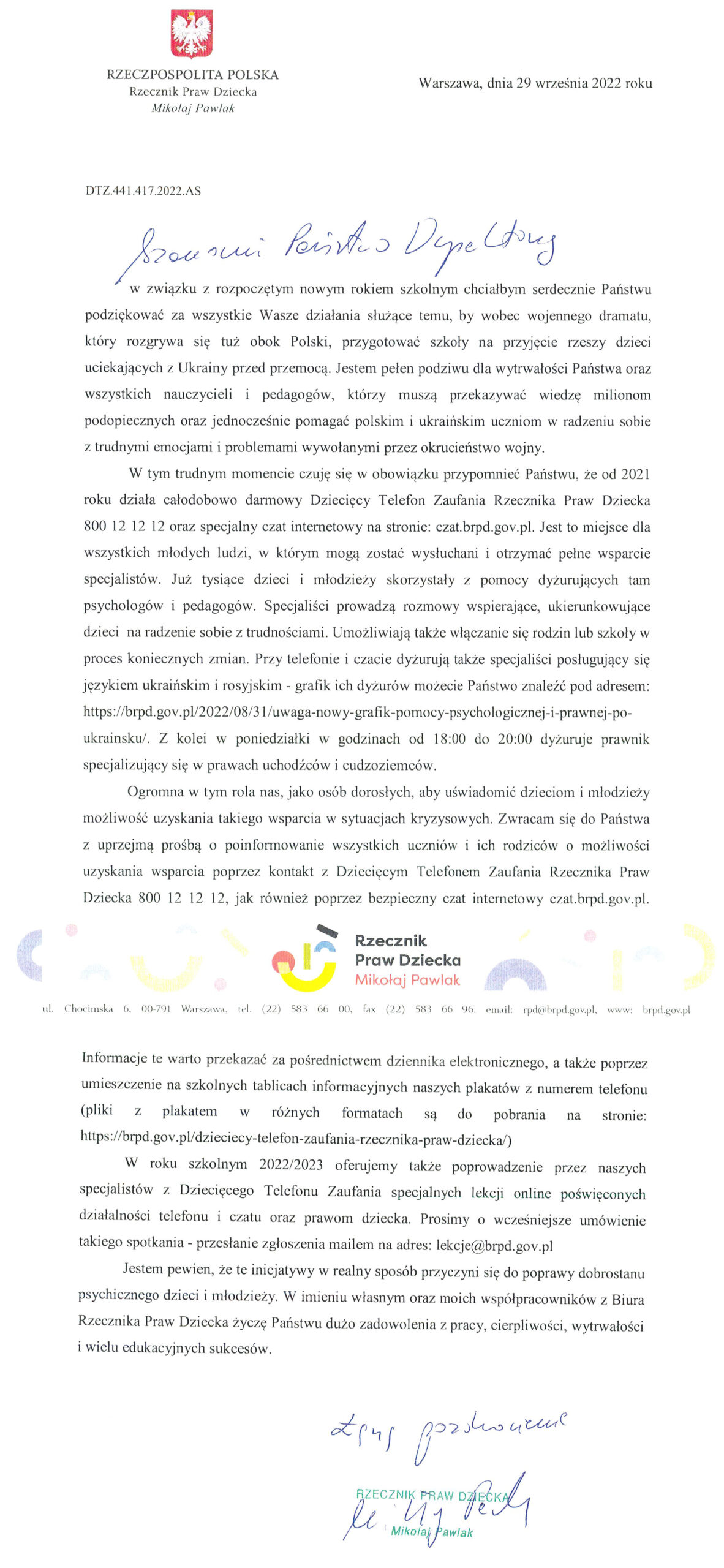 List Rzecznika Praw Dziecka