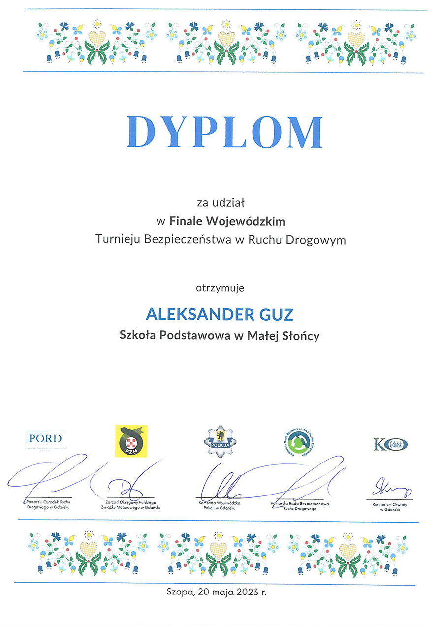 Dyplomy z Finału Wojewódzkiego Turnieju Bezpieczeństwa w Ruchu Drogowym – Szopa