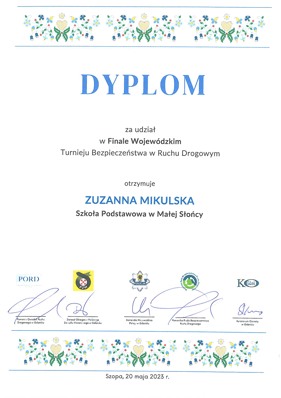 Dyplomy z Finału Wojewódzkiego Turnieju Bezpieczeństwa w Ruchu Drogowym – Szopa