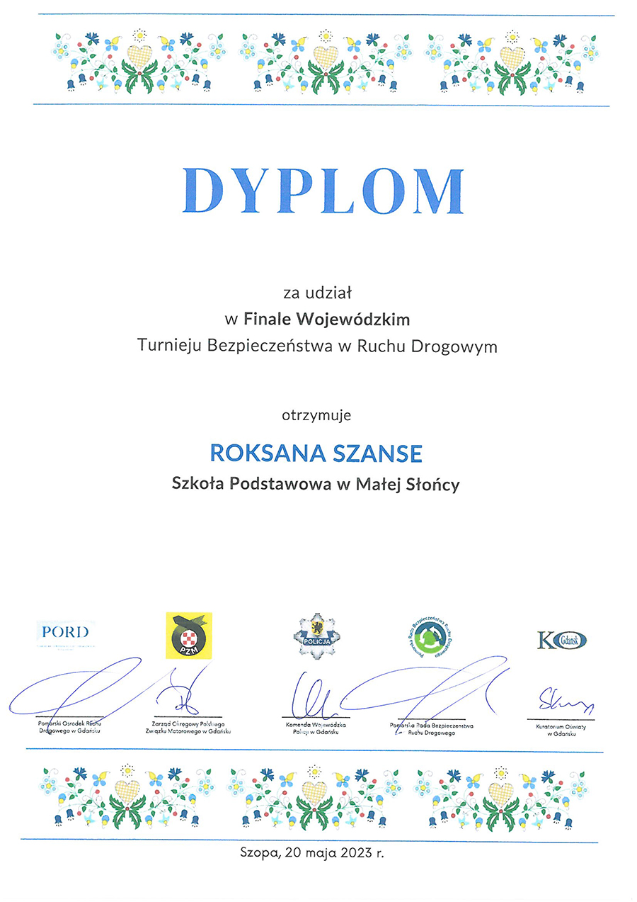Dyplomy z Finału Wojewódzkiego Turnieju Bezpieczeństwa w Ruchu Drogowym – Szopa